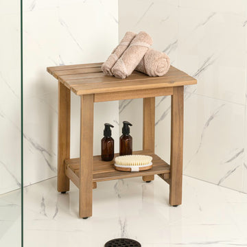 Kellie 16.1" Cottage Classic Slatted Solid Acacia Wood Indoor/Outdoor Shower Bench with Shelf